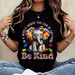 Women's Crew Neck Short-Sleeve T-Shirt Top - Casual Streetwear with Elephant Print, Puzzle Pieces, and "Be Kind" Graphic