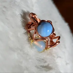 Baby Blue Agate Stone and Recycled Copper Wire Ring with Adjustable Pointed Band - Gemstone Ring Set