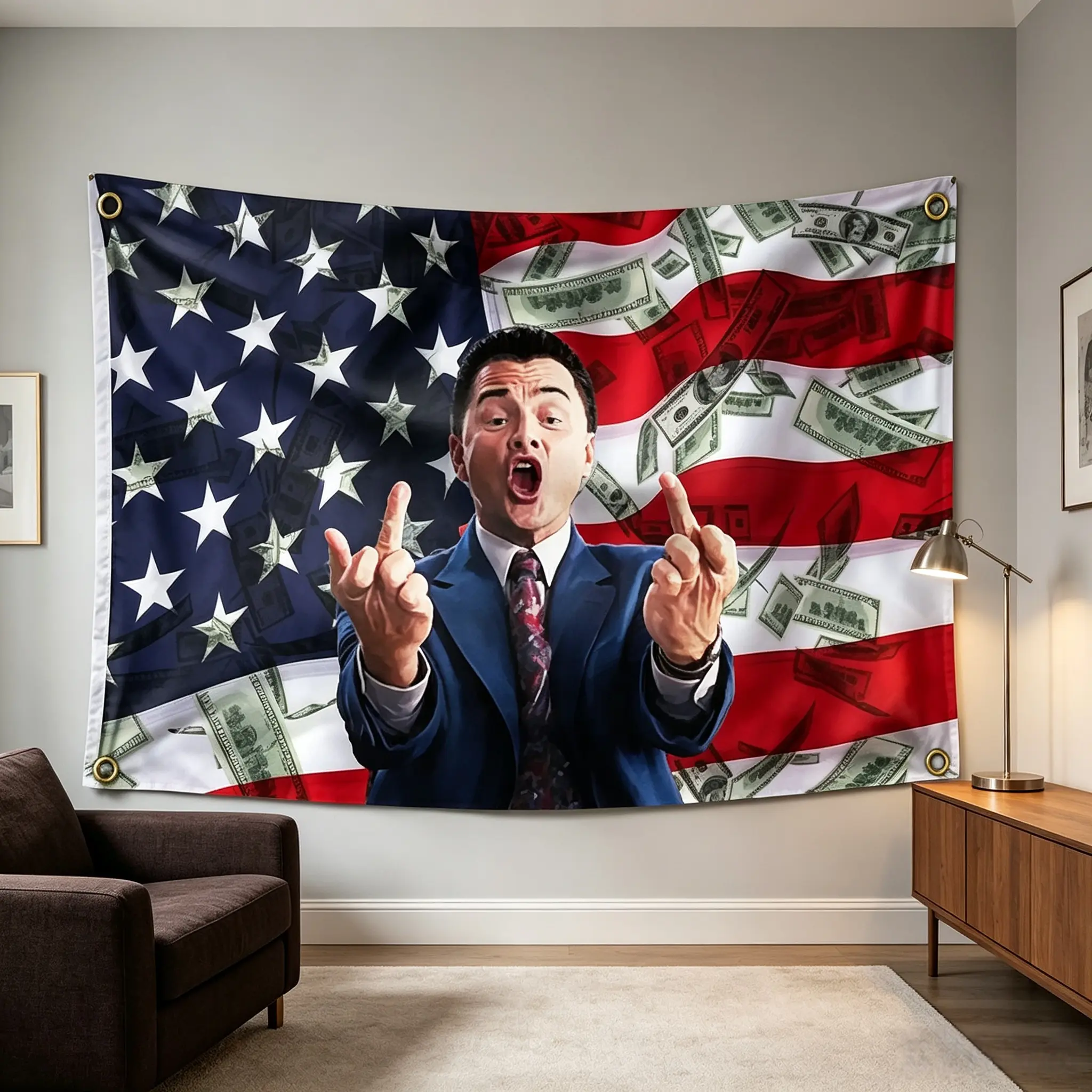 60in x 40in Wolf of Wall Street Middle Finger Tapestry - Light, Minimalist Home Decor Backdrop, Live Event Wall Art, College Dorm Frat Hanging Decoration, Bedroom Accessory Gift