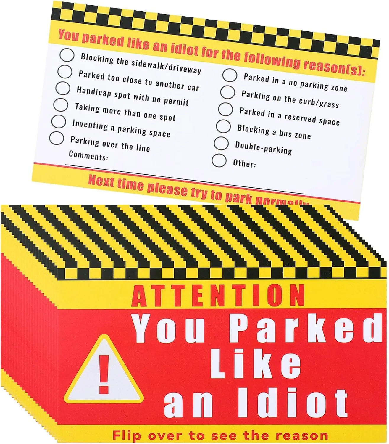 200 Pcs You Parked Like Idiot Business Cards 3.5 x 2 Inches Bad Parking Violation Note Cards Funny Parking Stickers with Multi Violation Reasons for Car Owner White Elephant Gifts