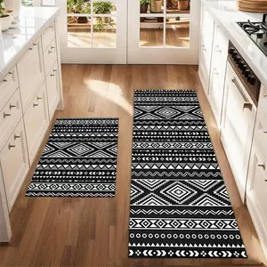 2Pcs Black Bohemian Floor mat set for farmhouse kitchen Rug restaurant floor laundry room decor carpet mat Boho Area Rug Boho Runner Rug