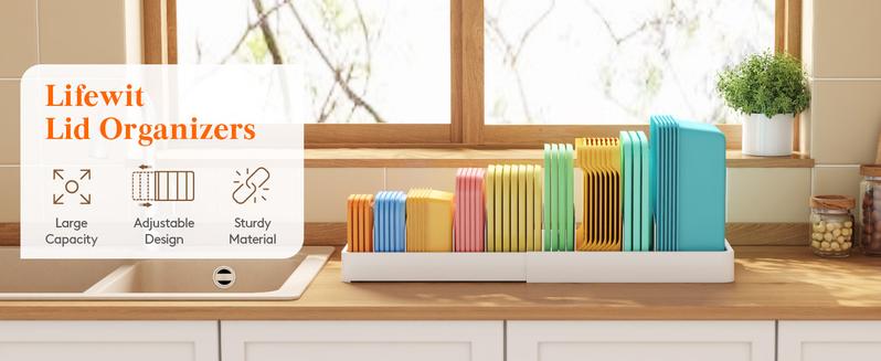 Lifewit Lid Organizers and Storage Extendable Large 13-24" Food Container Lid Dividers Inside Cabinet for Kitchen/Pantry Countertop White