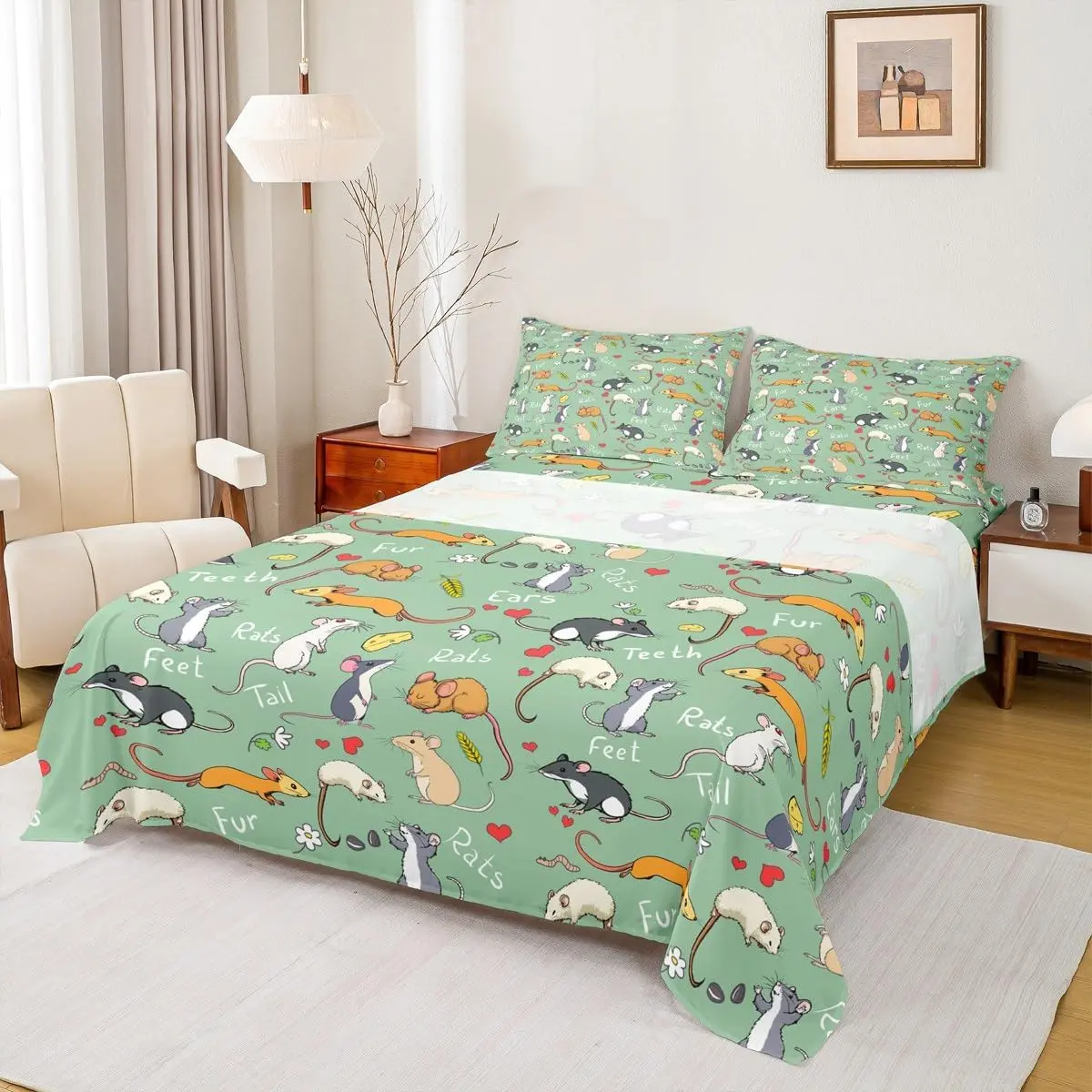 Rat Sheet Set Mouse Rodents Bed Sheet Funny Animal Love Heart Bed Sheet Set Bedroom Cartoon Style Fitted Sheet+Pet Flat Sheet+1 Pillow Case,Green