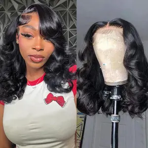 13X4 14inch 230%Density Natural Black Bob Wig Human Hair, Body Wave Wig Human Hair, Short Bob Lace Front Wigs Human Hair, Bob Wigs For Black Women, Pre Plucked With Baby Hair HD Transparent Lace