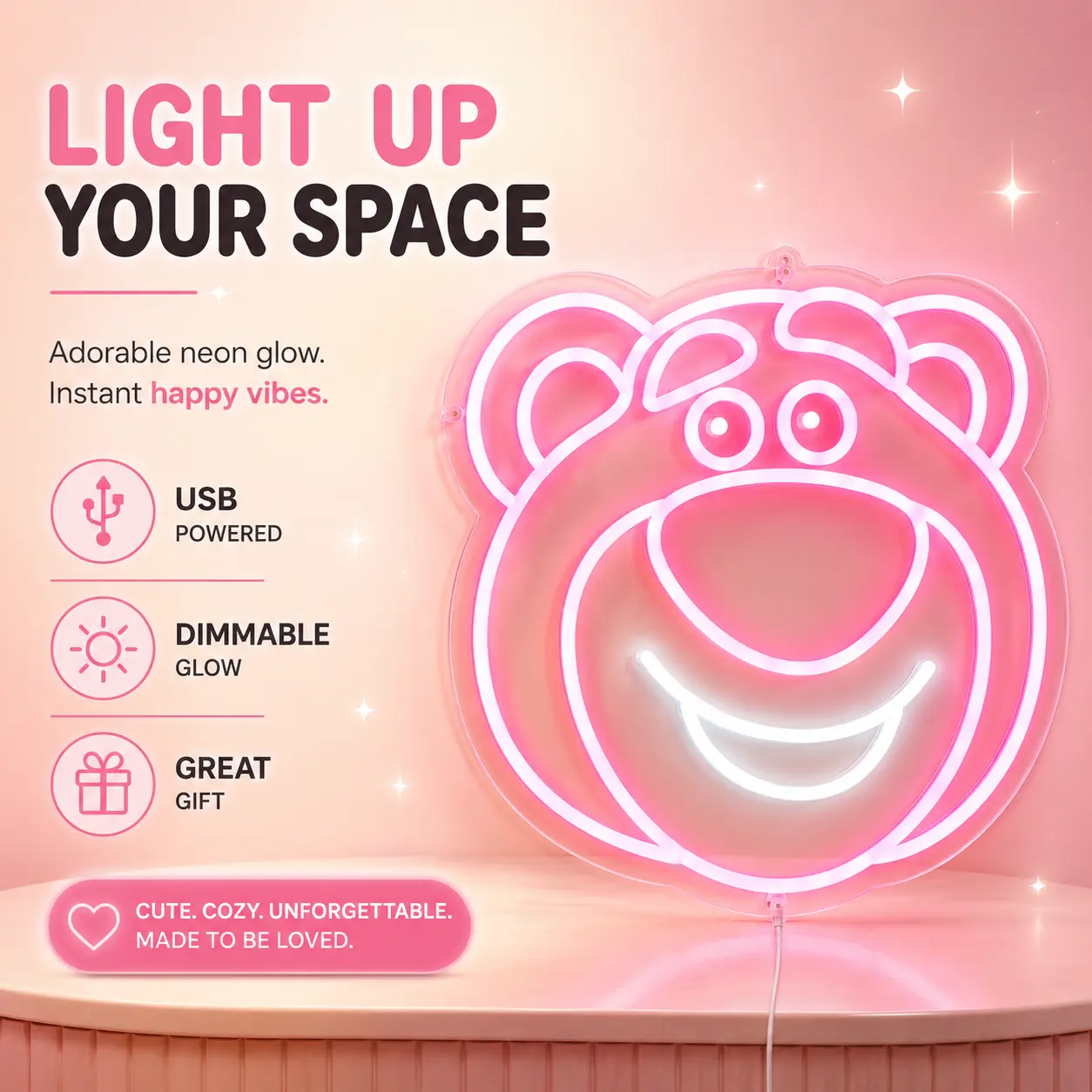 Pink Strawberry Bear Neon Sign, USB Powered LED Cute Bear Wall Light, Kawaii Pink Neon Room Decor for Bedroom, Dorm, Vanity Corner, Gaming Room, Party Backdrop, Cute Gift for Room Decor Lovers