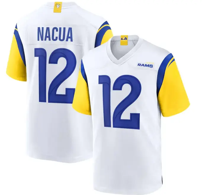 Full Print Nacua #12 Football Jersey, Los Angeles White Royal American Football Jersey, V Neck Short Sleeve Athletic Shirt, Breathable Game Day Football Top, Football Season Fan Apparel, Player Name Number Jersey, Unisex Sportswear