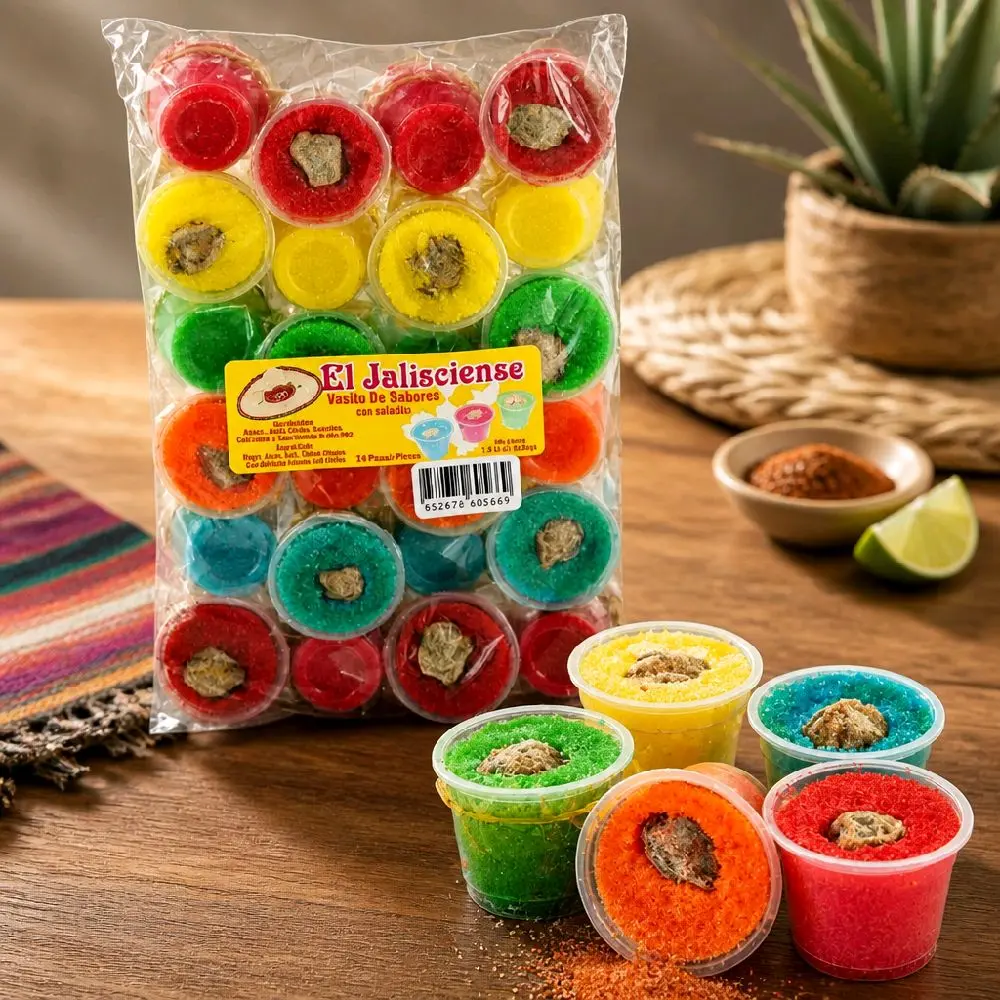 El Jalisciense Vasitos De Dulce De Sabores Con Saladito - Colorful Sweet Treats in Small Cups for Snacking and Dessert - Food