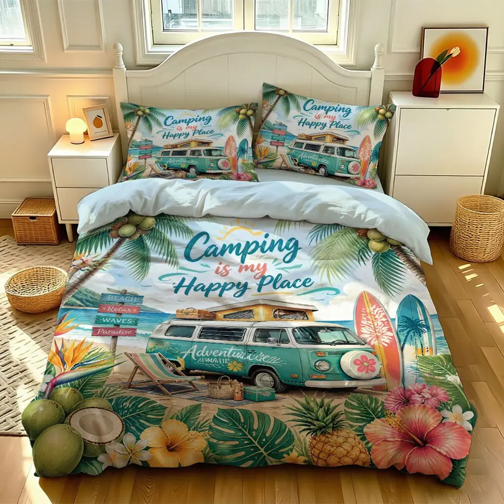 3-piece quilt cover set (1 quilt cover +2 pillowcases, no core) Summer camping theme quilt cover retro camper van print beach palm tree surfboard tropical flowers soft and comfortable cozy bedding set, suitable for all rooms Comfy Bedding Set
