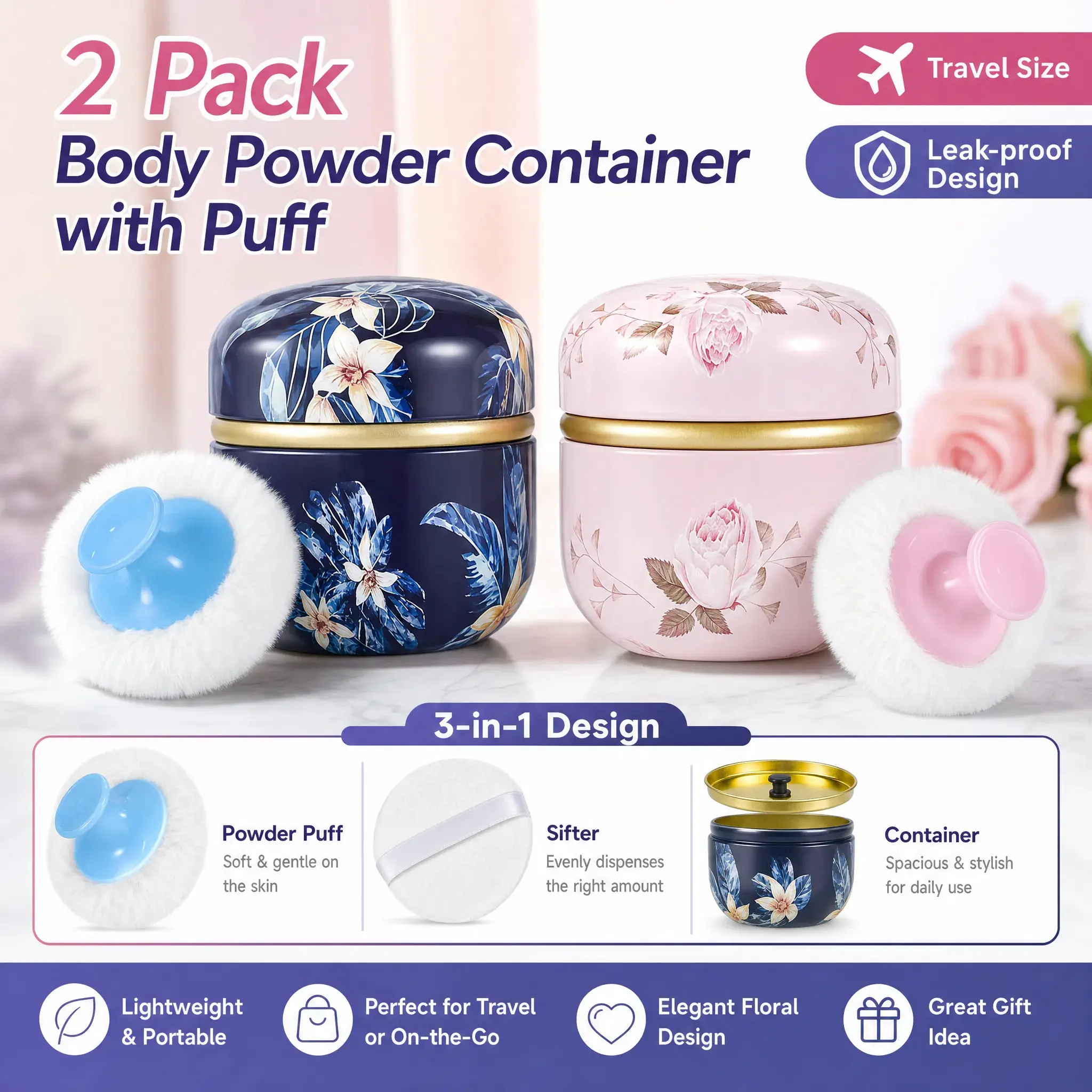 Portable Empty Powder Container with Puff, 3.15'' Travel Powder Case for Baby & Women, Leak-Proof Loose Powder Box for Bathroom, Home or On-the-Go Use