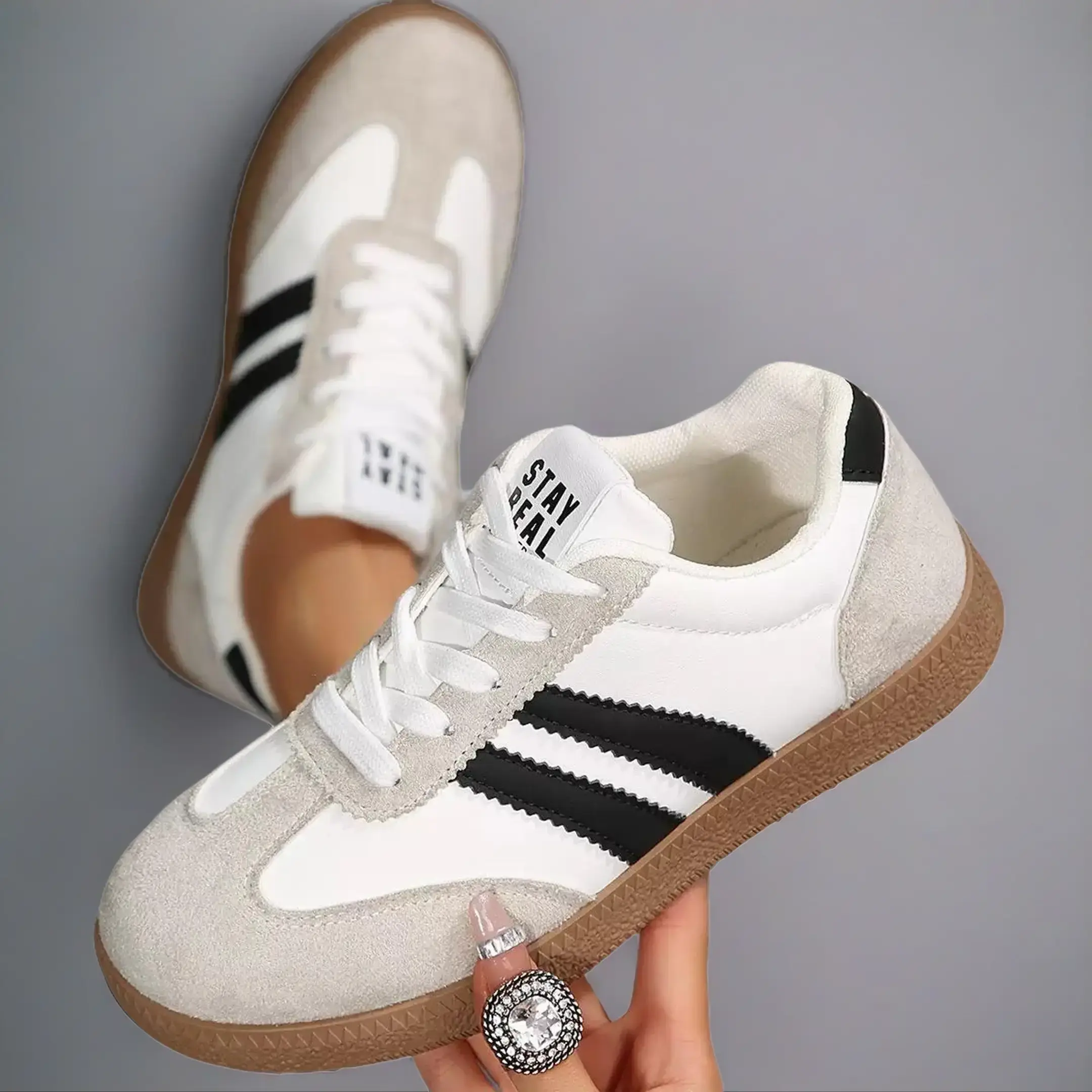 Women’s retro suede stripe sneakers, casual lace-up trainers, low-top fashion shoes for everyday street style and outfits #RetroSneakers #FashionShoes Footwear Closed Running Girl Training Runner,summervibes Breathable spring Athletic Rubber