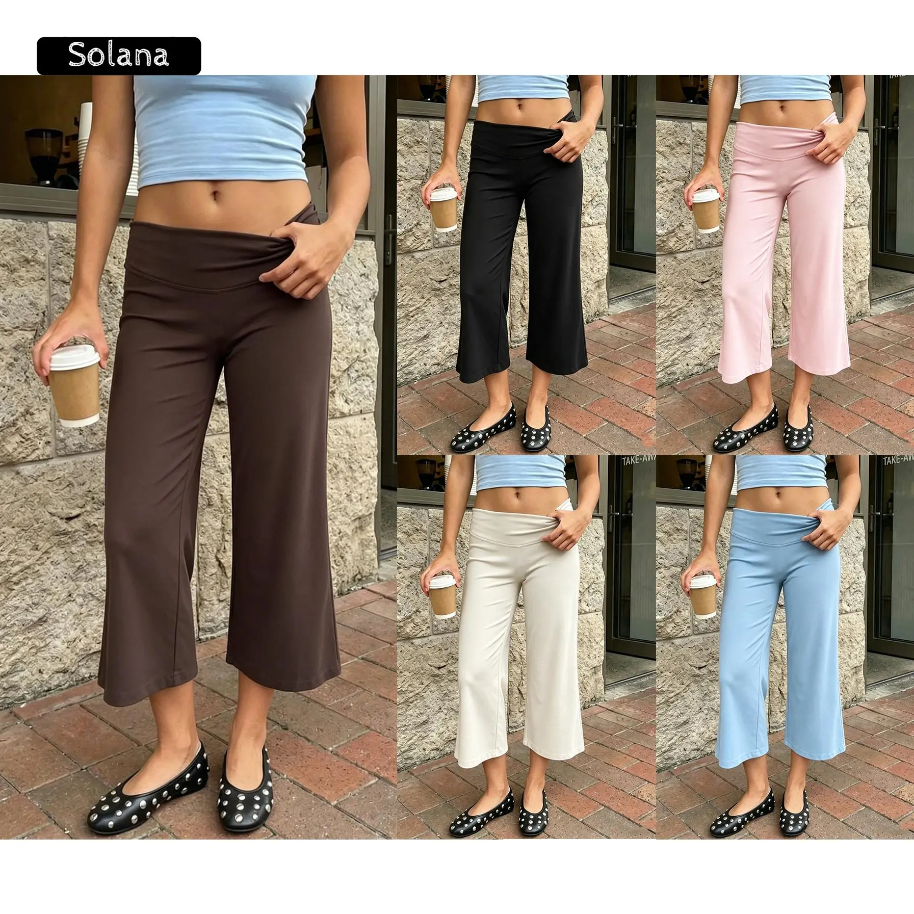 Flowy Gauchos Pants For Women Foldover Low Rise Capris Wide Leg Lounge Pants Cropped Culottes Going Out Bell Bottoms summerwins