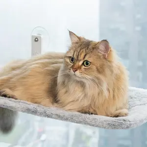 Cordless Cat Window Perch,Strong Metal Frame, 4 Suction Cups, Cozy Sunbathing Spot, Easy to Install, Foldable for Space Saving