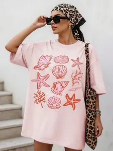 Women's Loose-Fitting Short Sleeve Top, Animal Kingdom Ocean Life Pattern, Casual Fitted Summer Shirt for Daily Wear