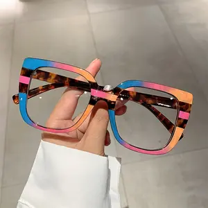 Large Square Non-Prescription Glasses Color Block Full-Rim Eyewear for Daily Wear Formal Events Chain Embellished Leopard Print Stylish Decorative Design