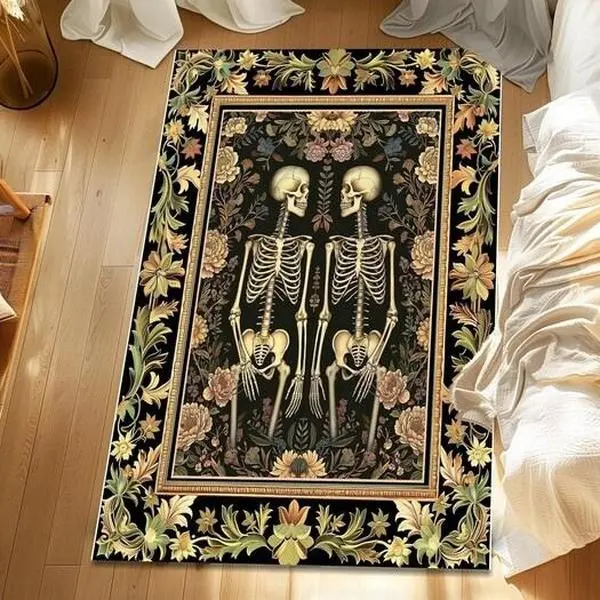 Light Academia Botanical Skeleton Art Rug for Bedroom Victorian Gothic Skeleton Couple Gift Cottagecore Dark Floral Rug Witchy Room Decor