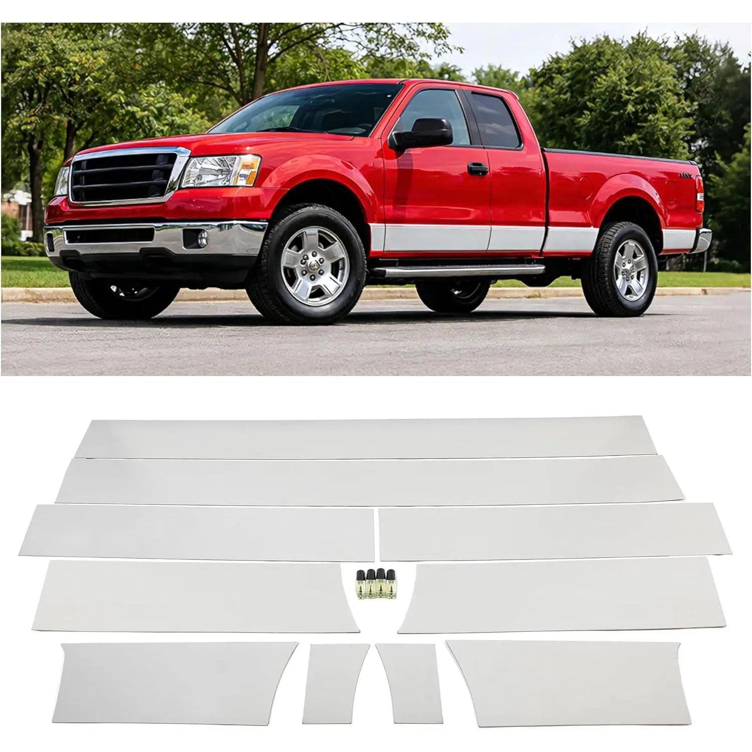 KQQIO 10 Pcs Stainless Steel Rocker Panel Trim - Side Molding Cover, Auto Body Replacement Part with Assembly and Customization for 2004-2008 Ford F-150 Super Cab/Extended Cab 6.5" Short Bed