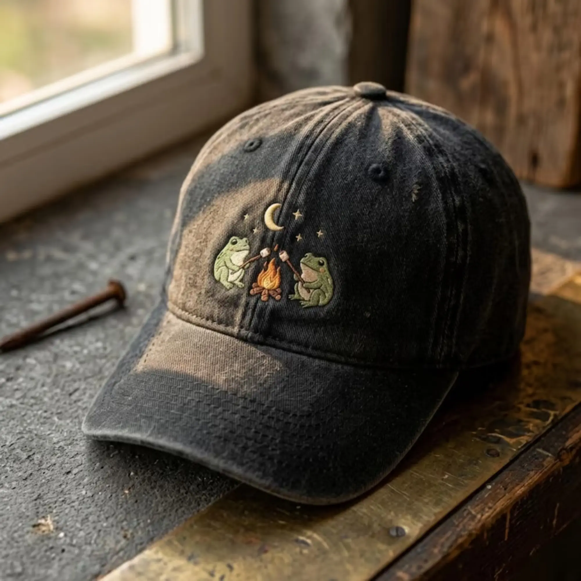 Embroidered Frog Campfire Hat, Cottagecore Trucker Cap, Cute Nature Animal Hat, Outdoor Camping Hat, Forest Lover Gift