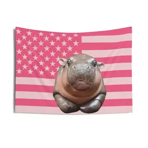 Moo Deng Pink American Flag Tapestry, aesthetic room decor, funny room decor, Moo Deng gift