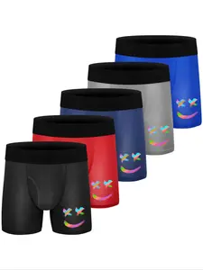 Boys' Solid Color/Smile Face Print Boxer Brief, Breathable Comfortable Quick Drying Underwear for Daily Wear, Boys Underwear for All Seasons, Casual Comfy Underwear
