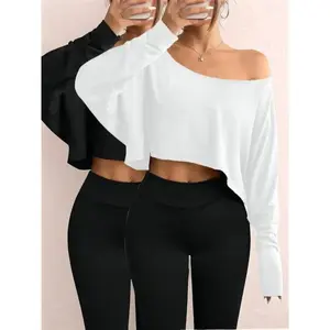 Women's Solid Off Shoulder Loose Tee, Casual Long Sleeve Crop Top for Daily Holiday Outdoor Wear, Everyday Ladies Clothes for All Seasons