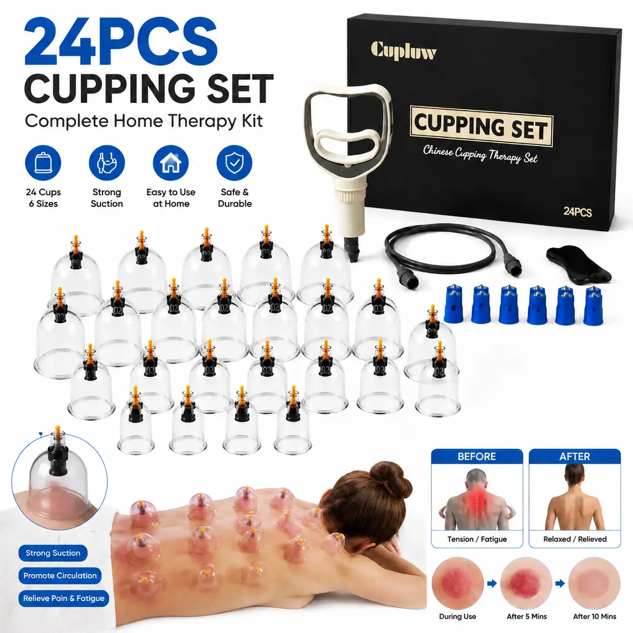 24PCS Adjustable Lightweight Vacuum Cupping Set for Home Use - Chinese Cupping Therapy Kit with Hand Pump, Smooth Body Care Massage Cups for Back & Neck Relaxation, with Storage, Christmas Gift, Daily