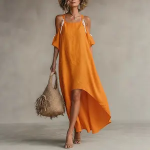2026 Fashionable Casual Color-Block Cross-Strap Cotton-Linen Dress