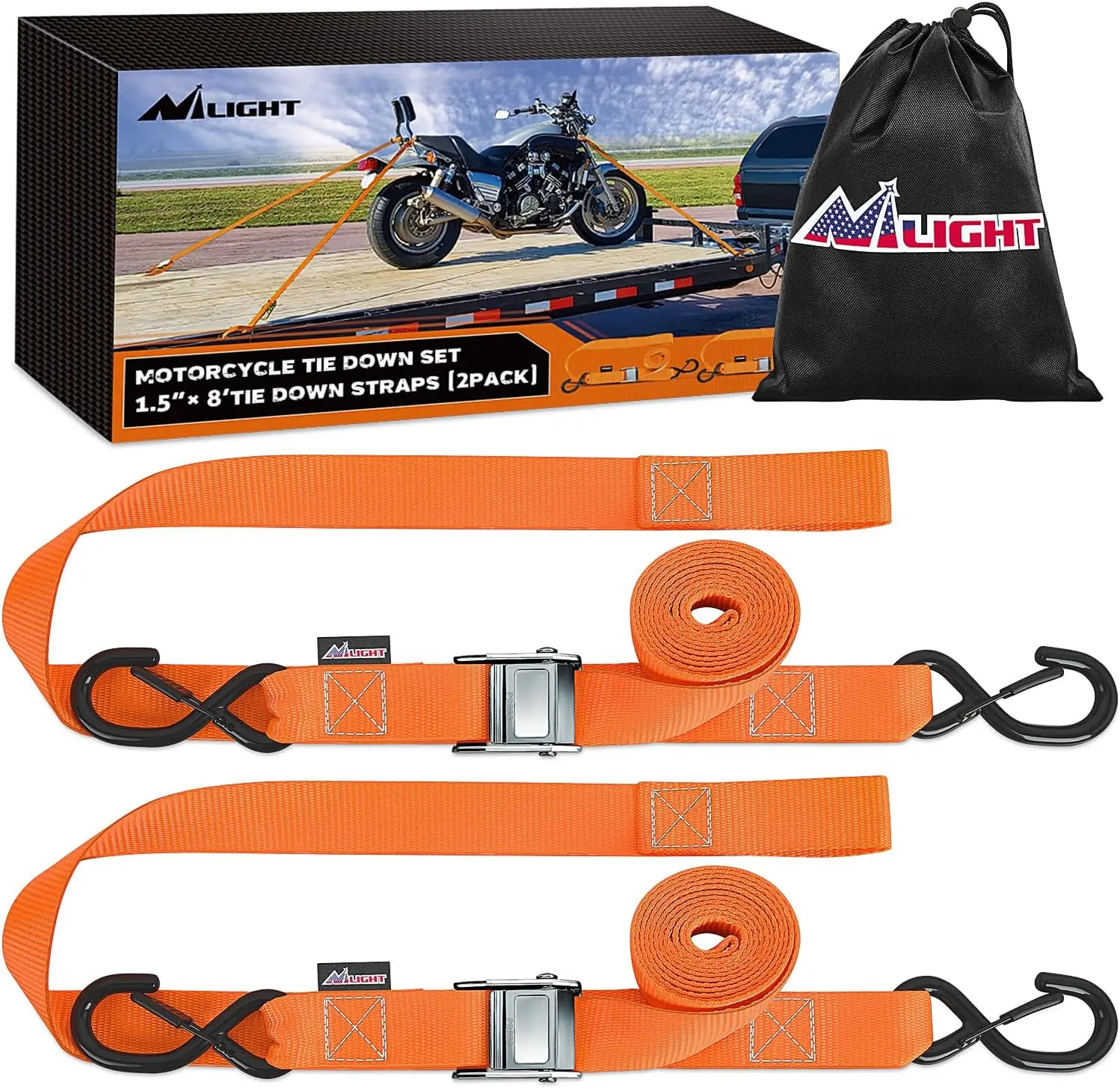Nilight Heavy-Duty Motorcycle Tie Down Straps, 1.5×8ft Adjustable Polyester Fiber Webbing, High Tensile Steel Cambuckle with 1-Finger Lock, Soft Loops, Safety S-Hooks, 3084Lbs Break Strength for Securing Vehicles, Dirtbikes, Kayaks