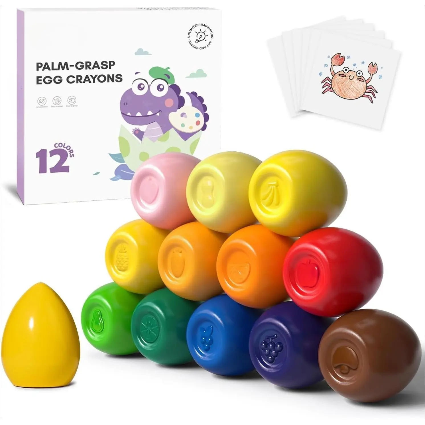 Z-ITC17 Unisex Palm-Grasp Jumbo Egg Crayons for Toddlers 1-3, 12 Vibrant Colors, Non-Toxic Washable Crayons, 120 Free PDFs, Boosting Creativity & Color Recognition, Educational Art Supplies Easter Gifts, Boy, Broad Base