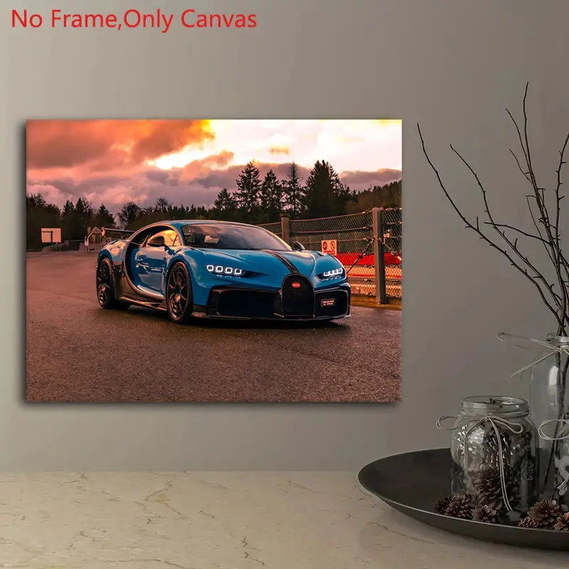 1 piece/set frameless canvas painting print design poster, Unframed painting, classic realistic vehicle art, Blue Bugatti Chiron Hypercar, perfect gift for super car lovers, ideal gift for bedroom, office, living room, home decor, decoration items