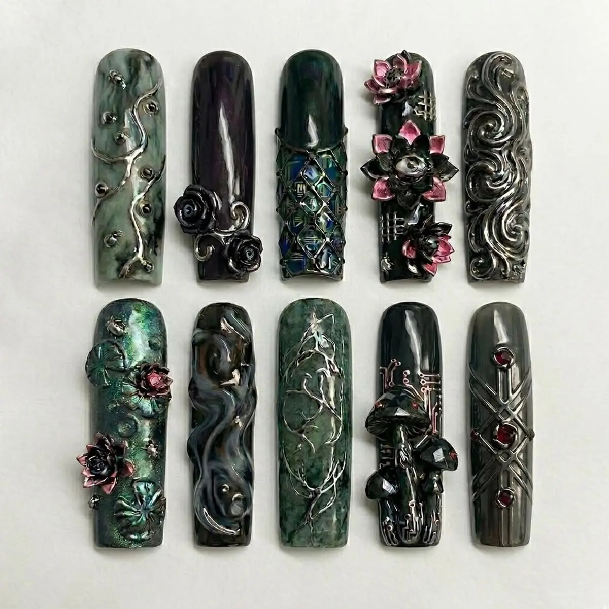 Handmade Gothic Press-On Nails, Dark Fantasy Emerald Green & Black Long Square Acrylic Nails with 3D Rose Flowers, Luxury Metallic Silver Vines