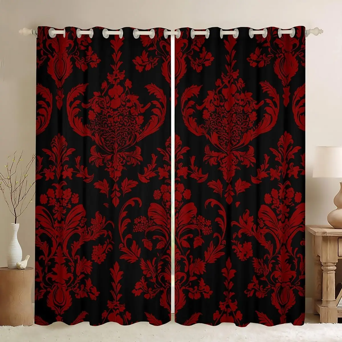 Red Black Vintage Damask Floral Curtains Oriental Antique Window Curtains for Bedroom Living Room Gothic Bohemia Floral Window Drapes Luxury 30%-50% Blackout Curtains,,2 Panels