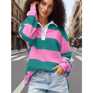 Women's striped rugby shirt long sleeved oversized lapel sweatshirt retro collar pullover long sleeved women's slim fit blueRAIMENTRY
