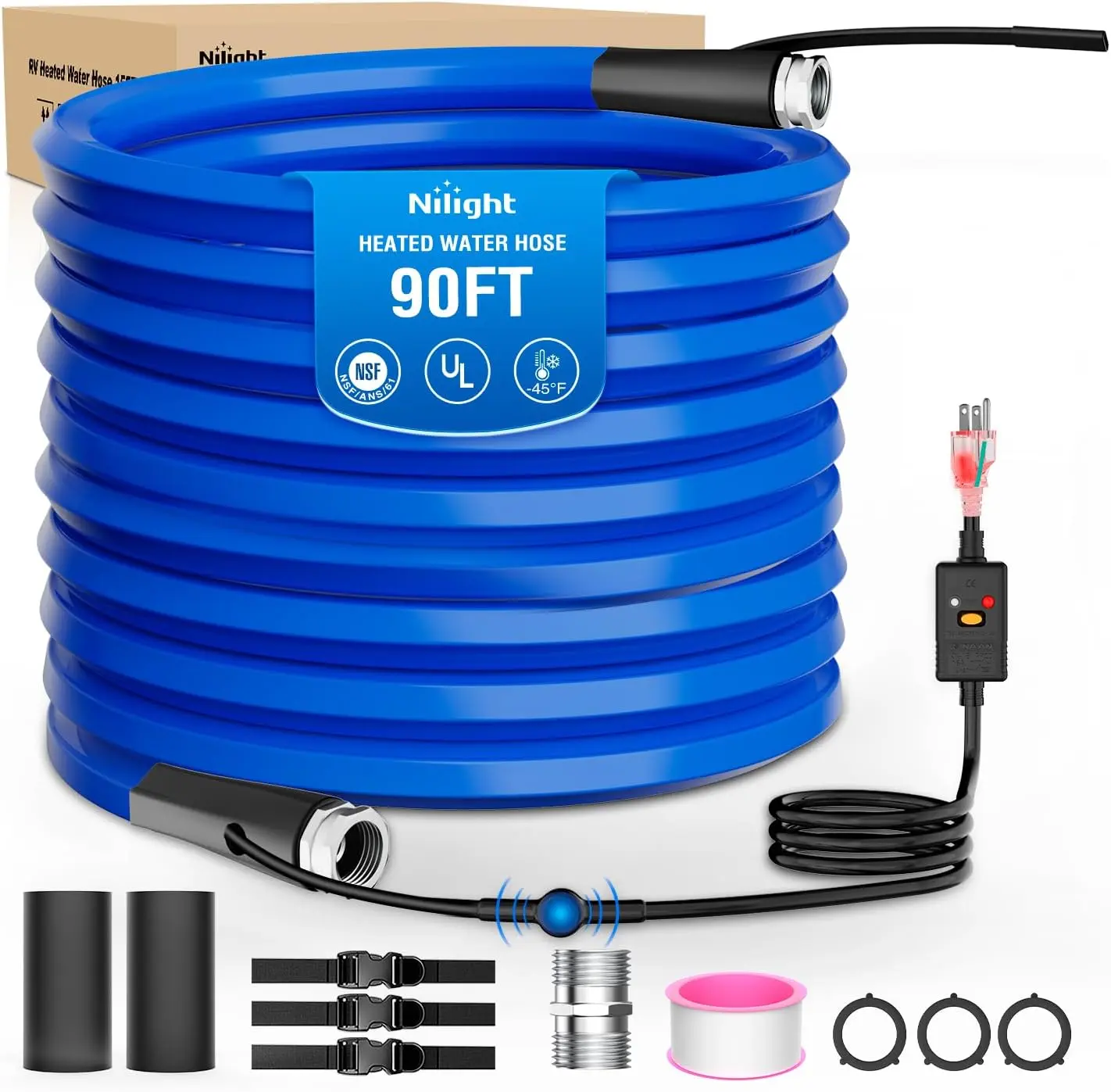 Nilight 90FT Heated Water Hose for RV, Trailer, Camping, Gardening - 5/8" ID, -45°F Freeze Protection, Thermostat, Smart Heat System, 3/4" Male/Female Aluminum Fittings, Gaskets, Leakage Protector, LED Plug, Winter Accessory, Nsf61 Certified, Phthalate-Fr