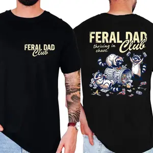 Funny Raccoon Dad Shirt, Feral Dad Club Graphic Tee, Retro Dad Humor Tshirt, Father’S Day Birthday Gift For Men, Unisex Short Sleeve Tee, Graphic Round Neck Tee