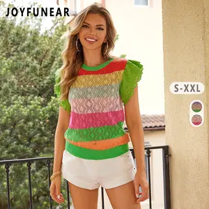 [US shipping]Joyfunear Summer Fashion Essential Colorful with Ruffled Sleeves Striped Knit Top
