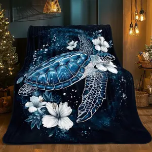Sea Turtle Ocean Lightweight Flannel Blanket  for Sofa Bed Travel - Navy Blue Floral Marine Life All-Season Home Decor Gift