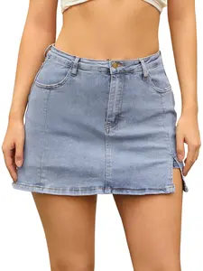 INSPIRE CHIC Women's Jean Skort Summer High Waisted A-Line Stretch Side Slit Mini Denim Skirts Small Dark Blue