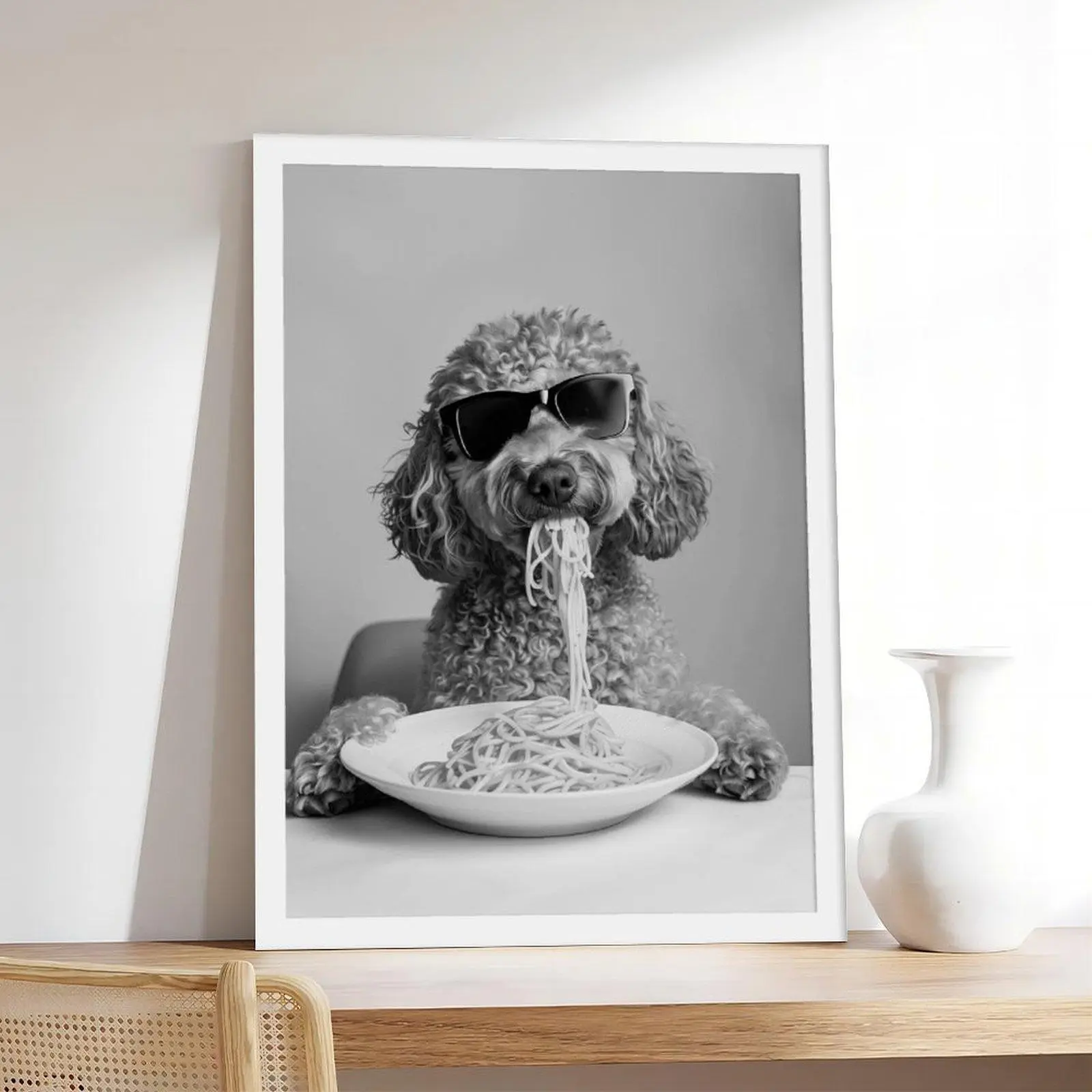 Funny Labradoodle Eating Spaghetti Artistic Canvas Print - Minimalist Neutral-Style Animal Pet Poster, Decorative Bedroom Aesthetic Wall Decoration, Office Room Accessory, Pet Lover Gift, No Excessive Promotional Terms, Indoors