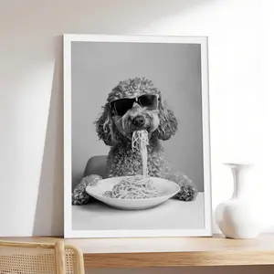 Labradoodle Eating Pasta _ Spaghetti Dog Funny, Pet & Animal Canvas Print, Minimalist & Neutral-Style Poster, Bedroom Aesthetic Wall Decor.
