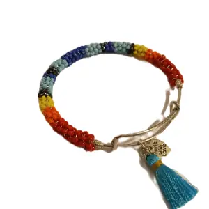 Silvertone Bangle Bracelet with Wire-wrapped Beading and Turquoise Blue Tassel