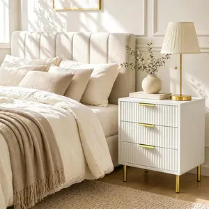 White and Gold Nightstand, 24" Tall Mid Century Modern Fluted Bedside Table, 3 Drawer Small Dresser, Ribbed Accent End Table with Metal Legs for Bedroom Living Room