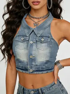 Vintage Washed Denim Halter Top, Sexy Short Sleeveless Strappy Back Button Vest, Casual Fashion for Daily Wear, Slim-Fitting with Pockets