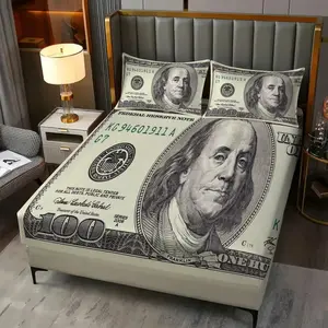 3-Piece Hundred-Dollar Bill Print Bedding Set — Fun Banknote-Patterned Fitted Sheet & Pillowcase Set — Novelty Bedroom Decor: Simple, Stylish, Soft, and Comfortable (Includes 1 Fitted Sheet + 2 Pillowcases)