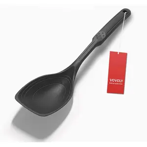 Large Silicone Cooking Spoon Non-Stick Solid Spoon Set with Deep Bowl & Measurement Mark, Heat Resistant Kitchen Utensils for Mixing Serving Draining Scooping Scraping, Black
