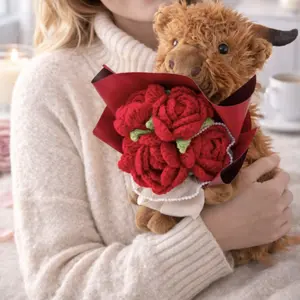 Handmade Crochet Rose Highland Cow Doll, Valentine's Day & Mother's Day Party Gift, Anniversary Present with Packaging