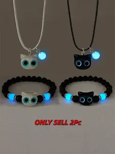 2pcs Glow-in-the-Dark Cat Jewelry Set with Luminous Beaded Bracelet and Multi-Layer Necklace, Fashionable Jewelry Set, Vintage Bohemian Style, Adjustable Elastic Black Beads with Cat Charms, Couple Gift for Valentine's Day, Trendy Jewelry Set
