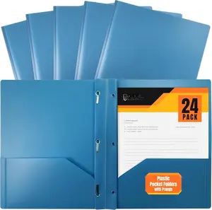 Light Blue Plastic 2 Pocket Folders with Prongs, 24 Pack, Heavyweight, Letter Size Poly Folders with 3 Metal Prongs Fastener Clips, Light Blue