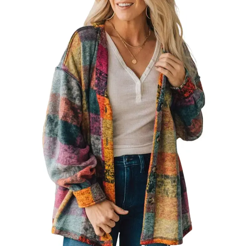 Mustard Red plaid button Comfy Casual Shacket Cardigan Sweater