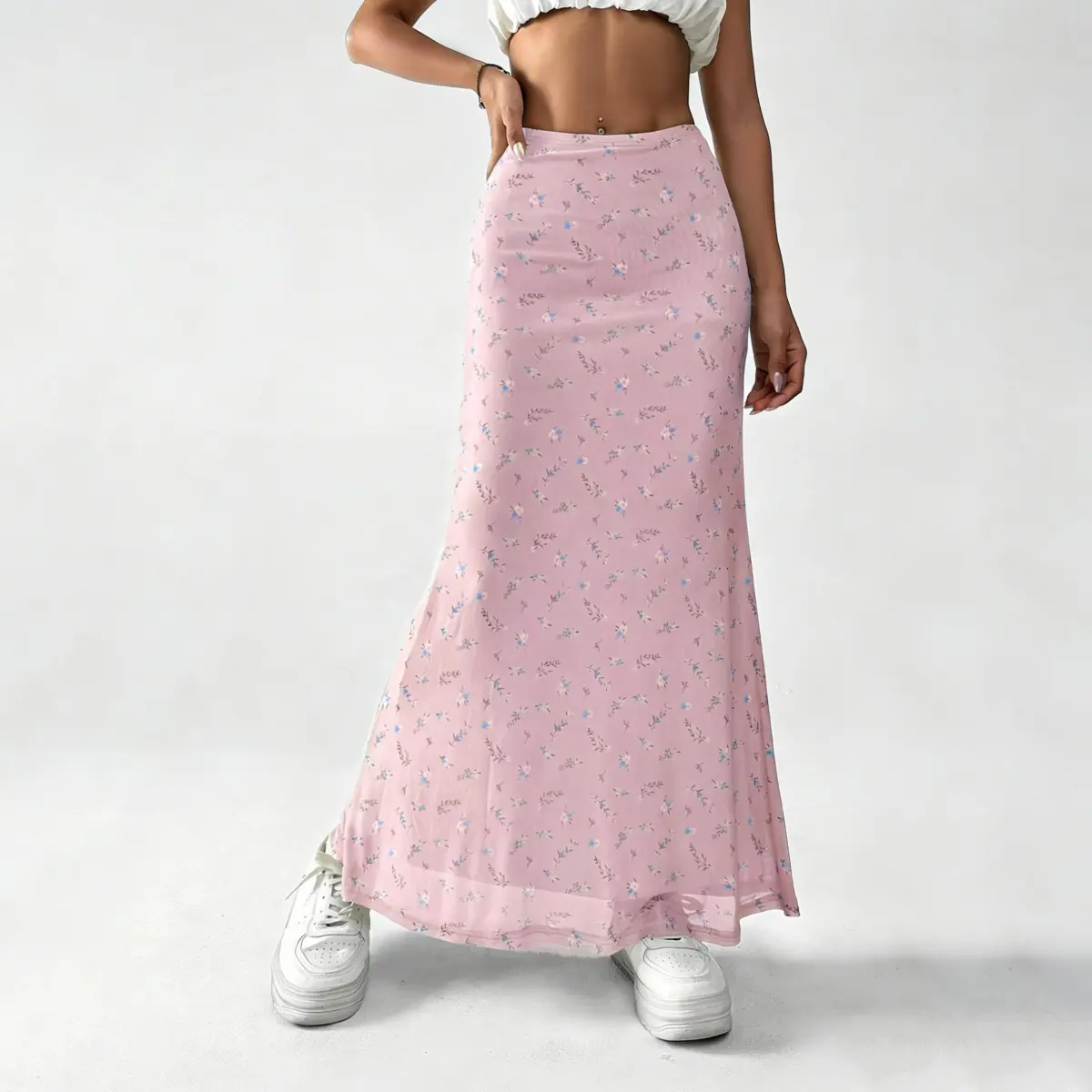 Women's Sheer Mesh Maxi Mermaid Skirt Lined Bodycon Fitted Wrap Flared Fishtail Hem Long Skirts Flowy Pink Small Flower Print Gentle Chic Fairy Vibes Casual Versatile for Summer Vacation Beach Dates Party Daily Outfits Womenswear
