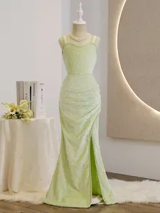 Girls' Elegant Sequined Formal Ball Gown, High Waist Slim Fit Long Dress with Ruched Mermaid Tail, Perfect for Parties All Seasons